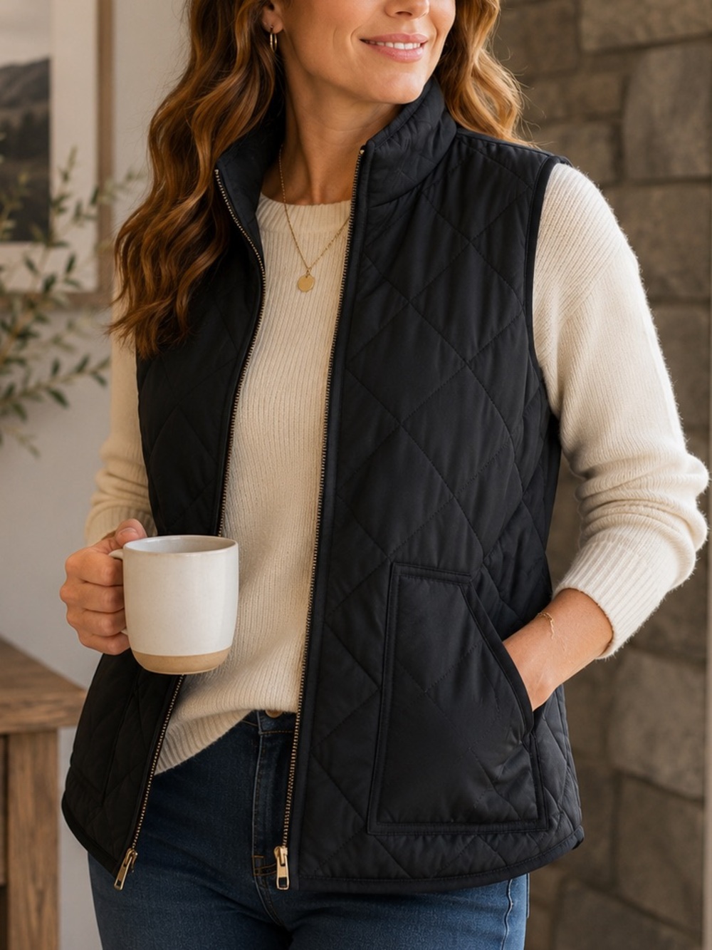 J.Crew Mercantile Black Quilted Puffer Vest Women’s Large Lightweight Zip Front